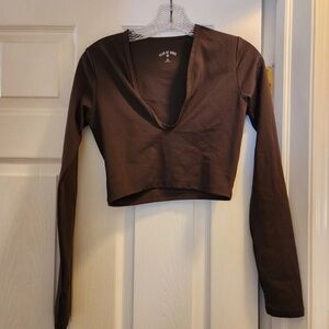 NEW Year Of Ours Brown Long sleeve V Neck Crop Yoga Pilates Top Small